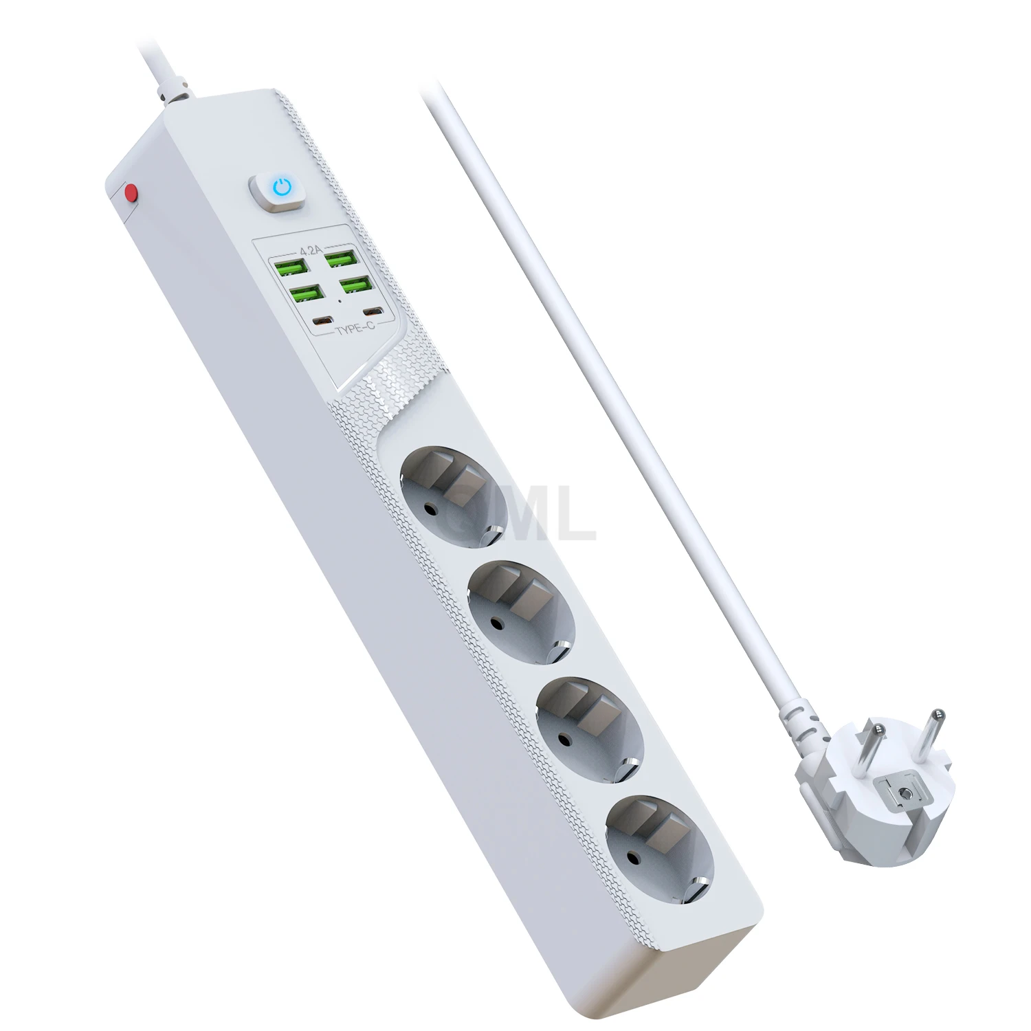 EU plug 4 Outlet European Power Strip with 4 USB 2 Type-C Port 3000W 2M Extension Wire Overload Protection Power Socket Board