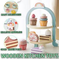 Wooden Pretend Play Kitchen Toys Coffee Machine Mixer Ice Cream Cake Toy Kids Play Food Teapot Cup Tea Set for Boys Girls Gifts 4