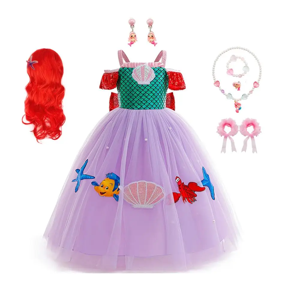 Kinder-Meerjungfrauen-Kostüm, schulterfreies Kleid mit glitzernden Paillettenärmeln, Meereslebewesen-Applikationen, Tüllkleid für Mädchen, Geburtstags- und Feiertagskostüm