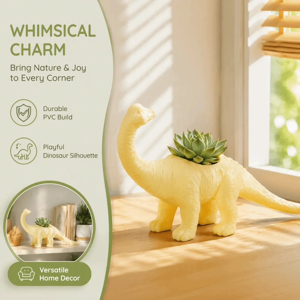 PVC Dinosaur Flower Pot Yellow 22 x 6 x 12.5cm Cactus Succulent Pot Animal Shape Design Garden Decoration Pot