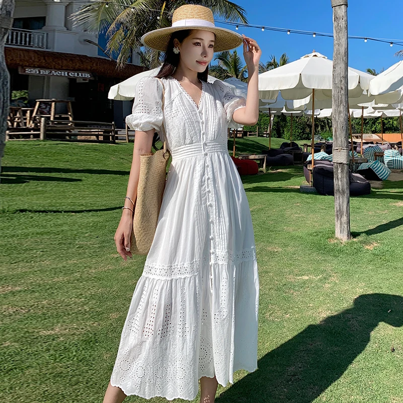 French Luxury Summer Vacation Long Dress Elegant Women Single Breasted Embroidery Hollow Out Cotton White Slim Boho Maxi Robe