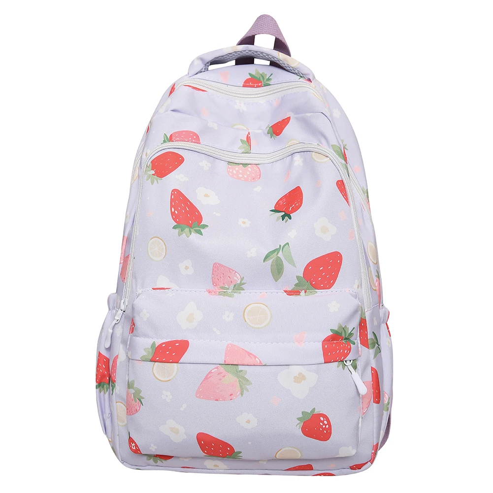 Mochila feminina com estampa de morango, alça ajustável, padrão morango, grande capacidade, estudantes, diariamente