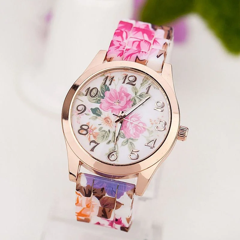 

Luxury Casual Watch Printed Silicone Strap Clock Quartz Ladies Watches Women Flower Pattern Wristwatch Retro Relojes Para Mujer