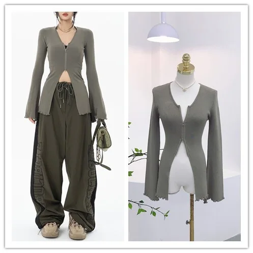 7000 الخريف الشتاء مثير فتاة الساخنة الخامس الرقبة مزدوجة سستة سليم صالح تكدرت متوهج كم سترة أعلى #3