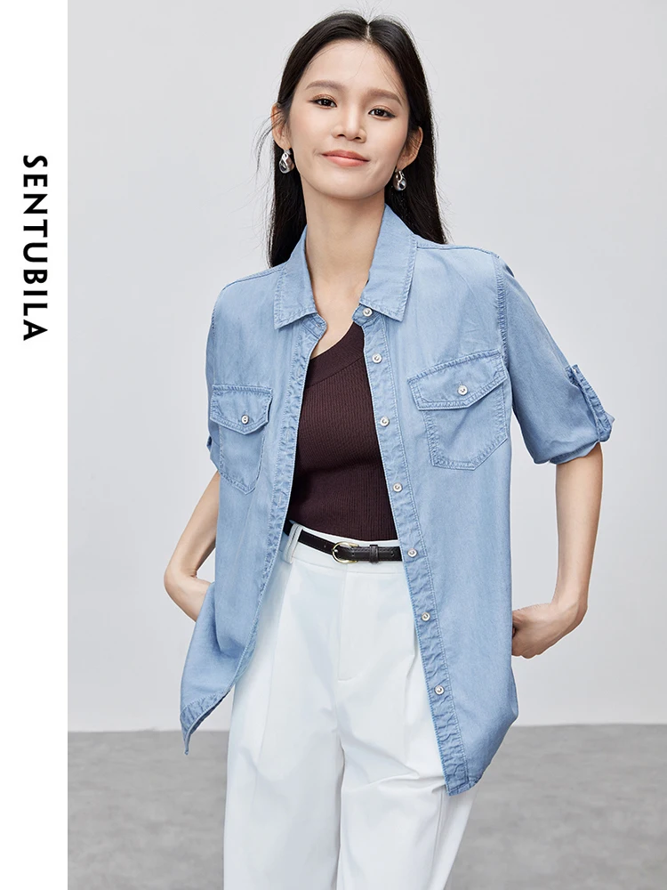 

SENTUBILA 100% Lyocell Denim Shirt for Women 2024 Autumn Casual Loose Washed Solid Three Quarter Sleeve Simple Blouse W42C55679