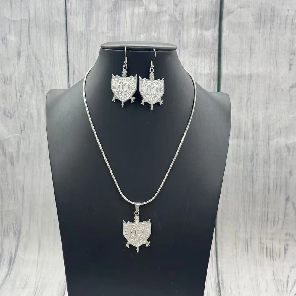Handmade high-quality Greek fellowship Sigma Gamma Rho stainless steel shield pendant jewelry necklace earring set