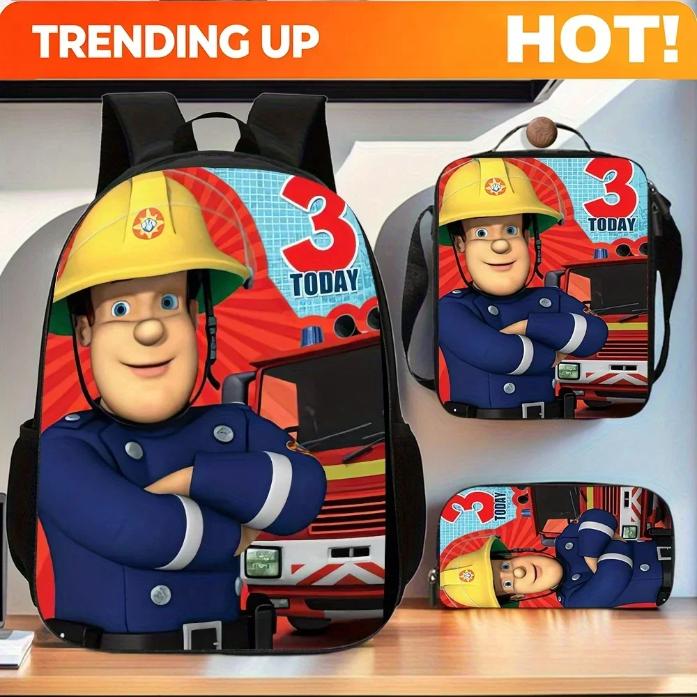 Custom Bag Fireman-Sam 3pcs Backpack Set, Includes Large Capacity Casual Double Shoulder Backpack, Pencil Bag And Lunch Box, Ele