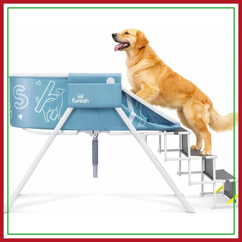 Elevated Dog Bath Tub with Stairs, Foldable Wash Station for Medium to Large Dogs, Indoor Outdoor Use
