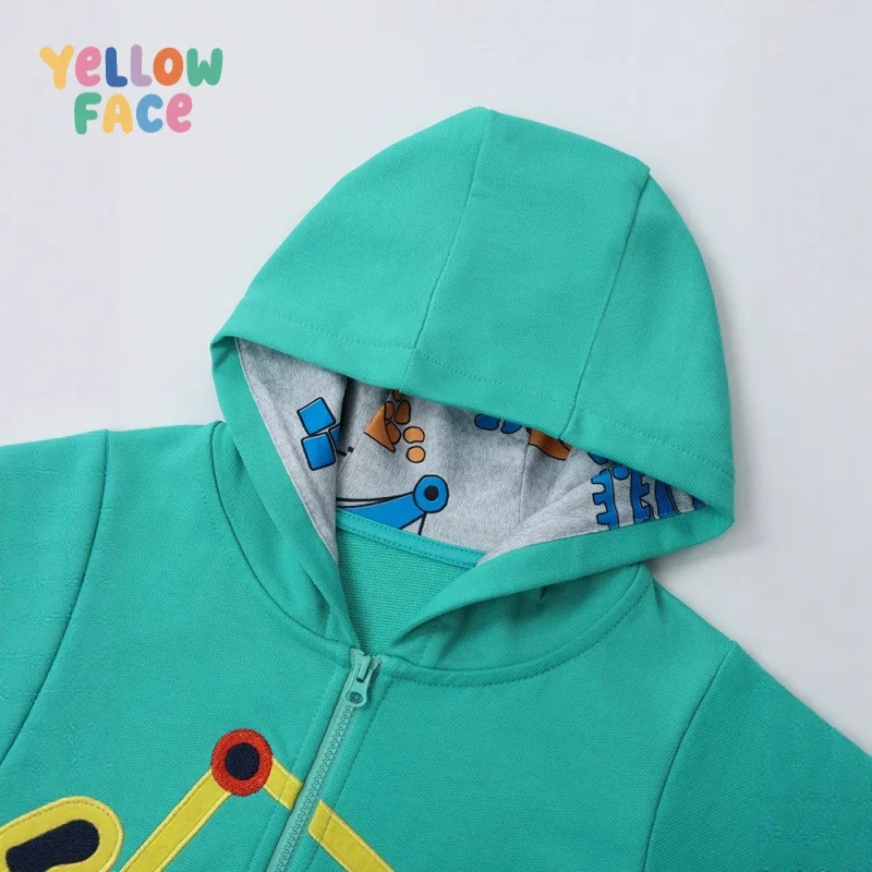 Autumn Winter Sweatshirt Long-sleeve Boys' Hoodie Children Cartoon Excavator Zipper Green Kids' Sweatshirt Everyday Top Jackek