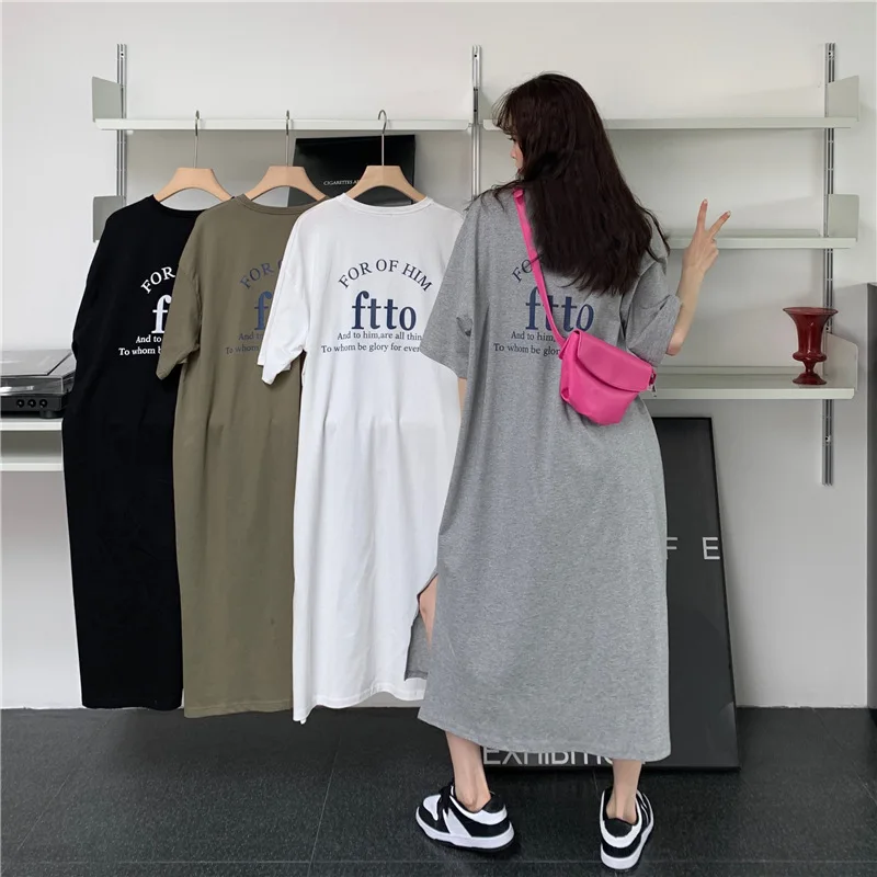 1 Piece plus Size WOMEN\'S Loose Split Knee-length T-shirt Dress Casual Simple Fashionable Letter Print Nightgowns