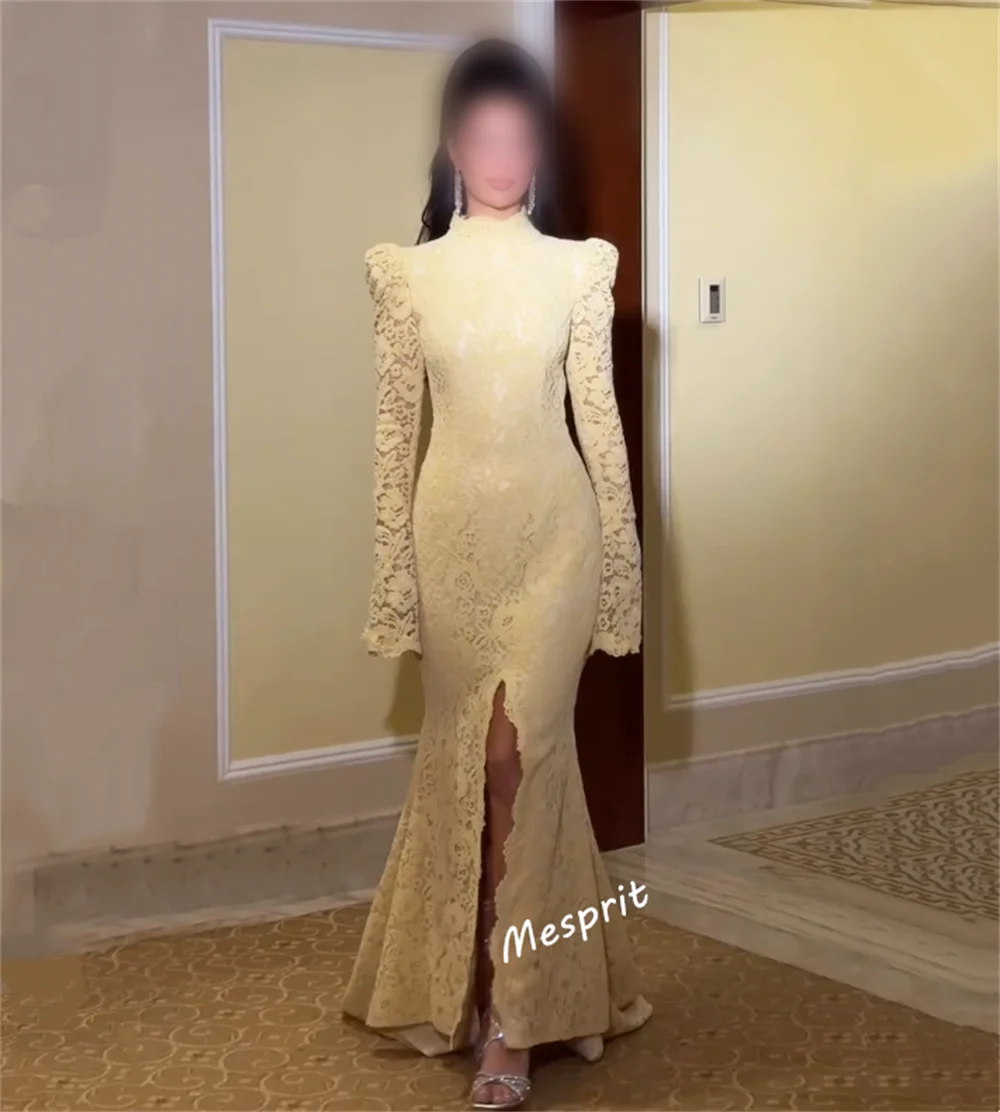 فساتين طويلة مخصصة من الدانتيل بياقة عالية وأكمام طويلة على شكل بوق فستان سهرة رسمي مناسبة مخصصة وحفلات مزاجية