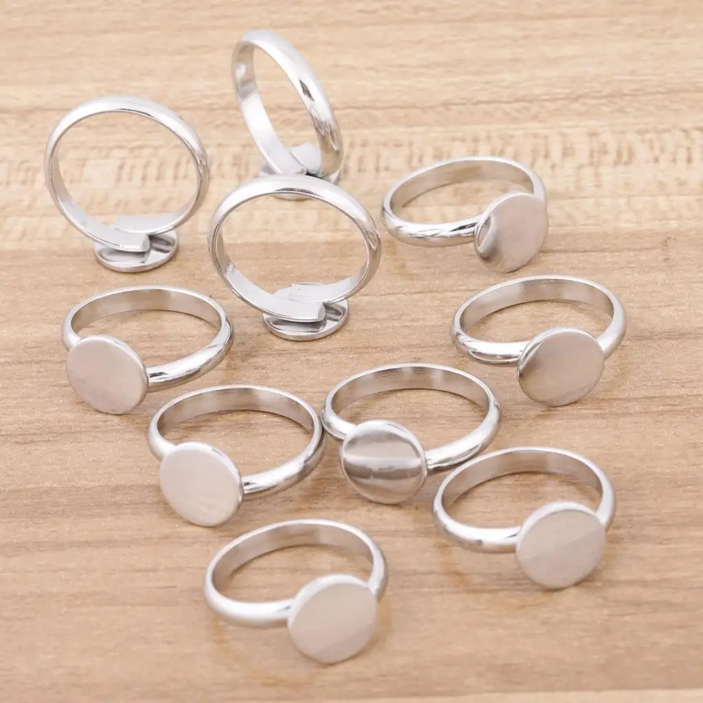 10pcs Stainless Steel Adjustable 10mm Circle Pad Ring Base Blanks Diy Fingerring Bezel Settings For Jewelry Making Supplies