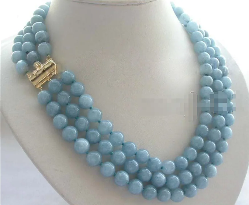 3 Rows 8MM Natural Blue Aquamarine Round Gemstone Beads Necklace 17-19'' AAA