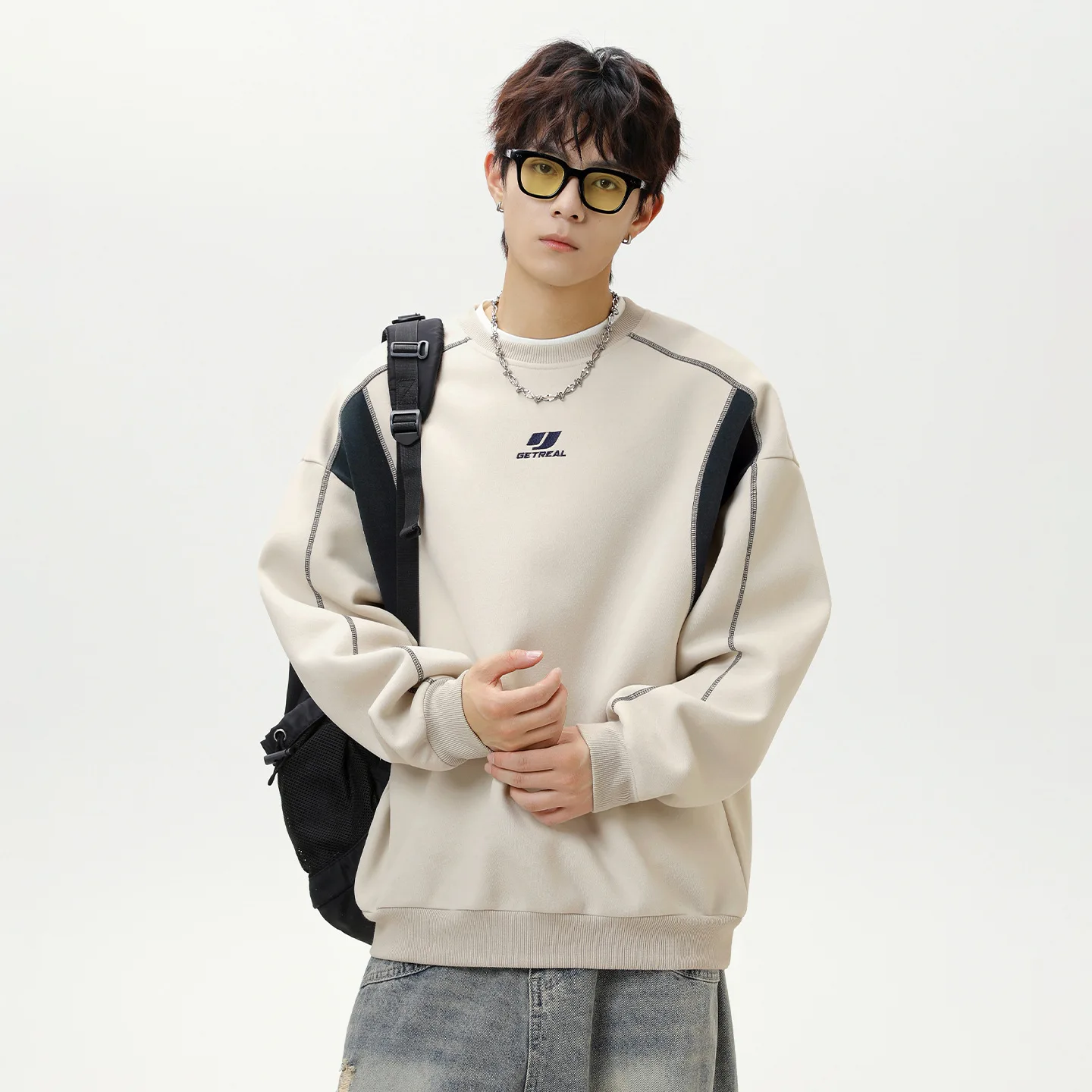 

Color Block Patchwork Crew Neck Sweatshirt For Men Autumn New Texture Embroidery Stitching Split Silhouette Sports Jacket FC3S