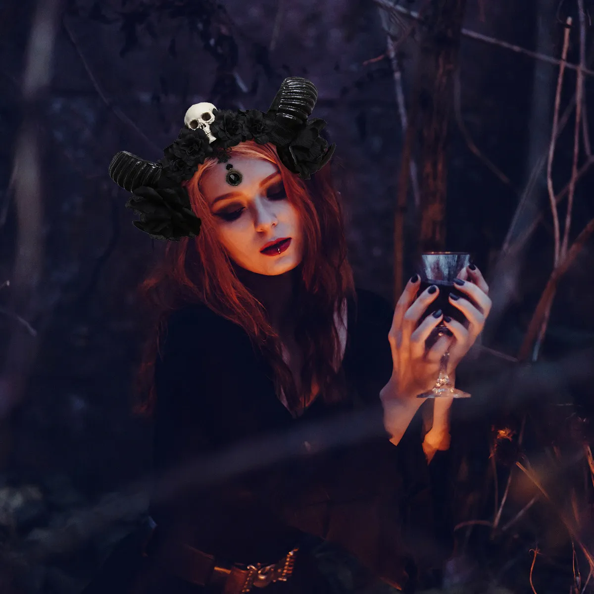 Skull Hairband Horn Pattern Handmade Gothic Headpiece Black Festival Party Lace Resin Pendant Costume Prop Skull Headband