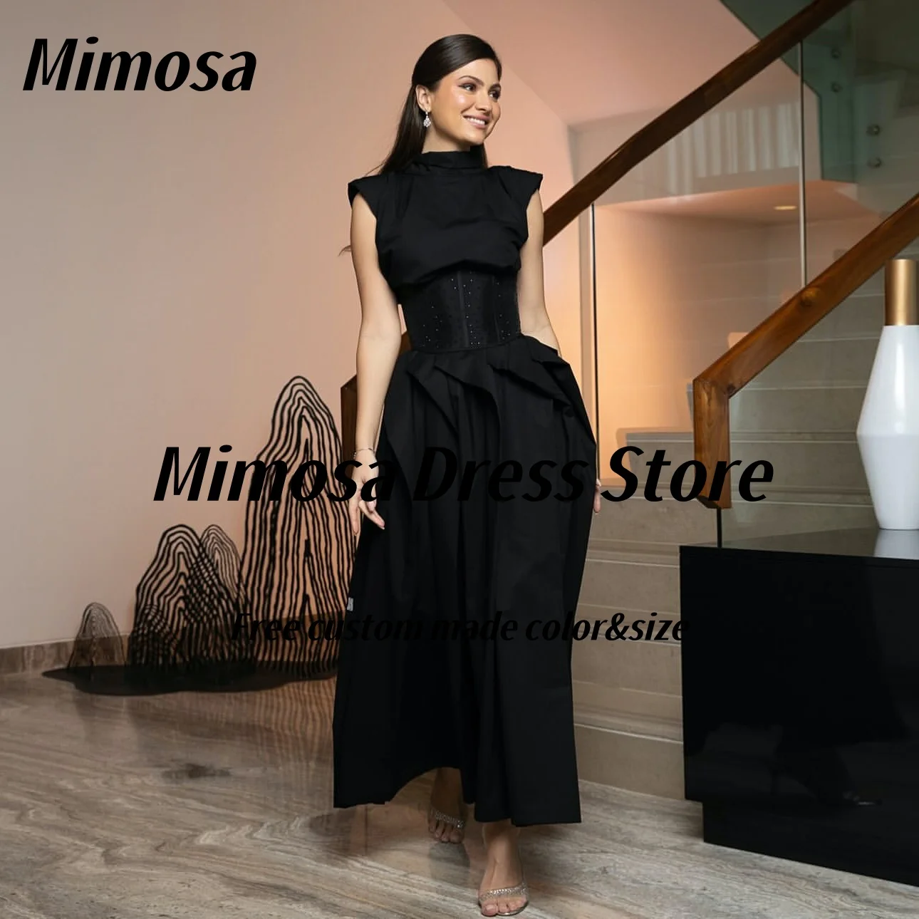 

Mimosa платья для выпускного вечера с высоким воротником, корсеты из бисера, Vestidos Des Fiesta, со рюшами до щиколотки, вечернее платье для дня рождения, по индивидуальному заказу