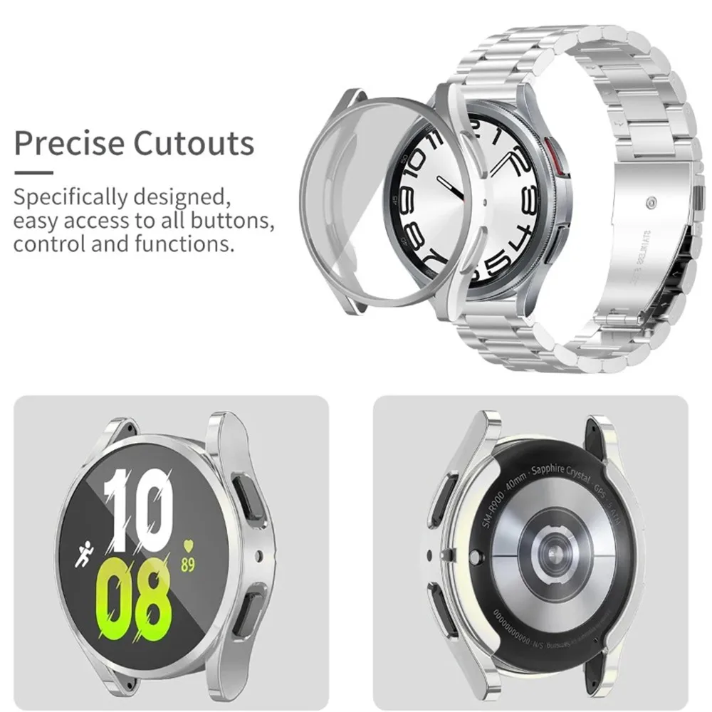 For Samsung Galaxy Watch 5 4 40mm 3-Bead Stainless Steel Strap with TPU Full Cover Watch Case and Removal Tool - Black