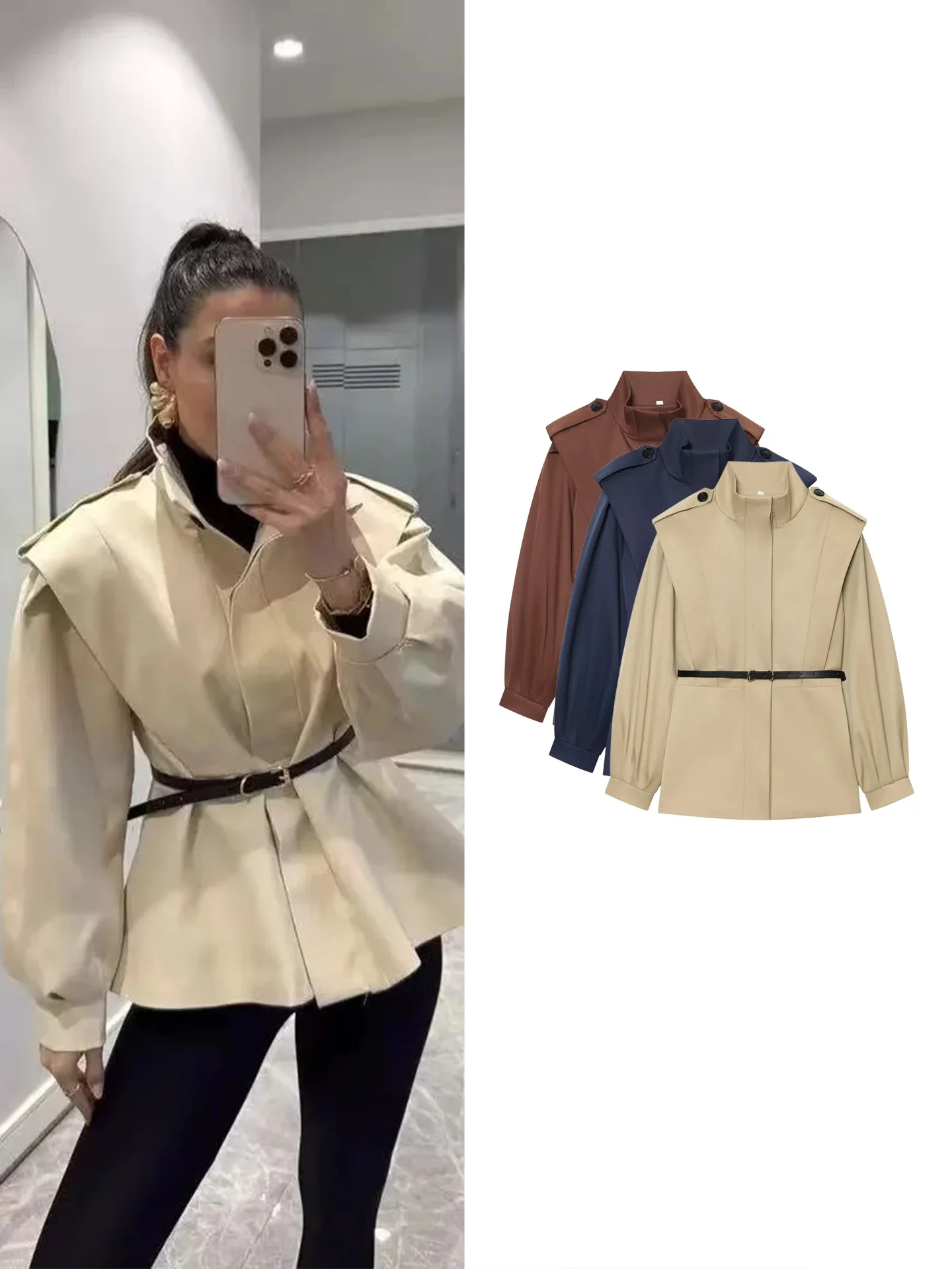 Fall New Women's Stand Collar Long Sleeve Single Button Pleated Decorative Belted Short Length Coat Jacket Polyester Fiber
