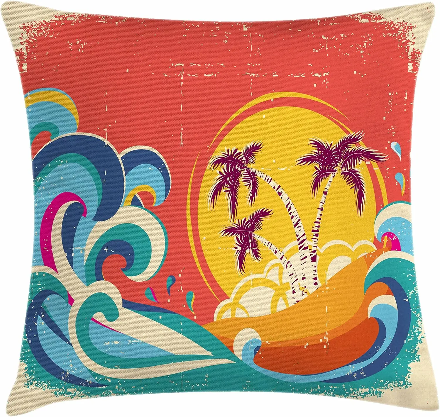 Vintage Hawaii Throw Pillow Cushion Cover, Vintage Old Paper Style Tropical Island with Giant Waves Retro Background