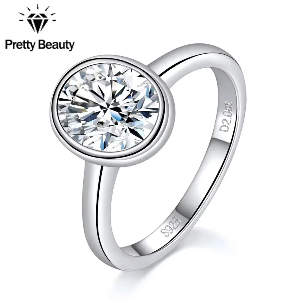

Pretty Beauty S925 Sterling Silver 2CT Oval Moissanite Engagement Ring for Women Bezel Setting Diamond Ring Wedding Fine Jewelry