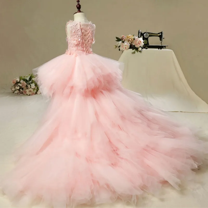 Elegant Long Trailing Appliques First Communion Dress Pink Tulle Ball Gown Girls Pageant Gown Flower Girl Dress for Weddings