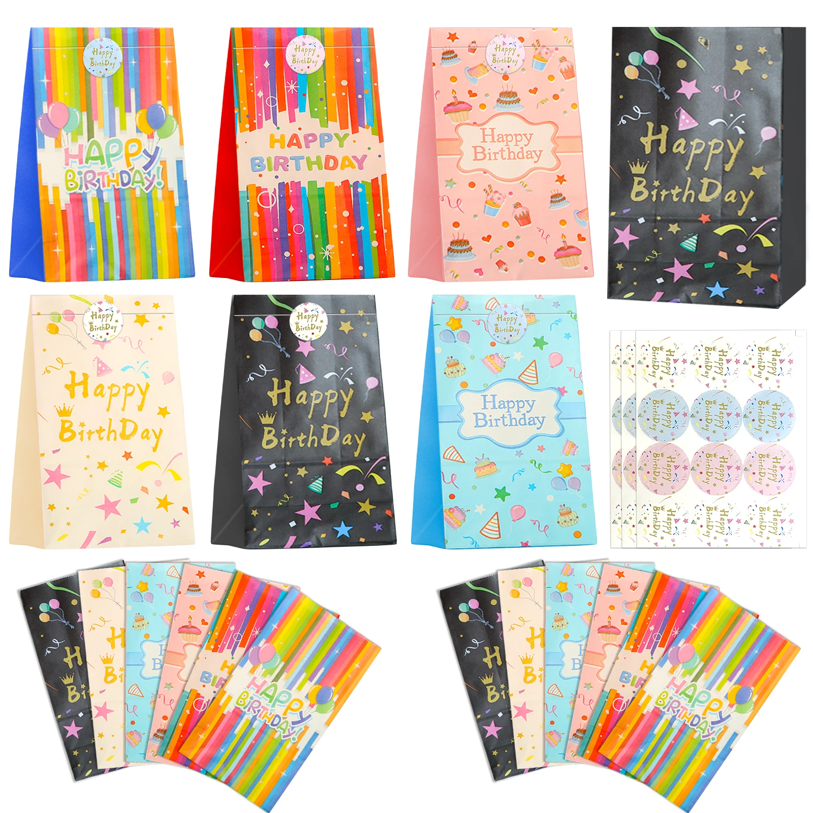 24 Pack Birthday Gift Bags with Stickers, Birthday Goodie Bags Party Supplies for Girls and Boys Carnival Decoration Party Favor