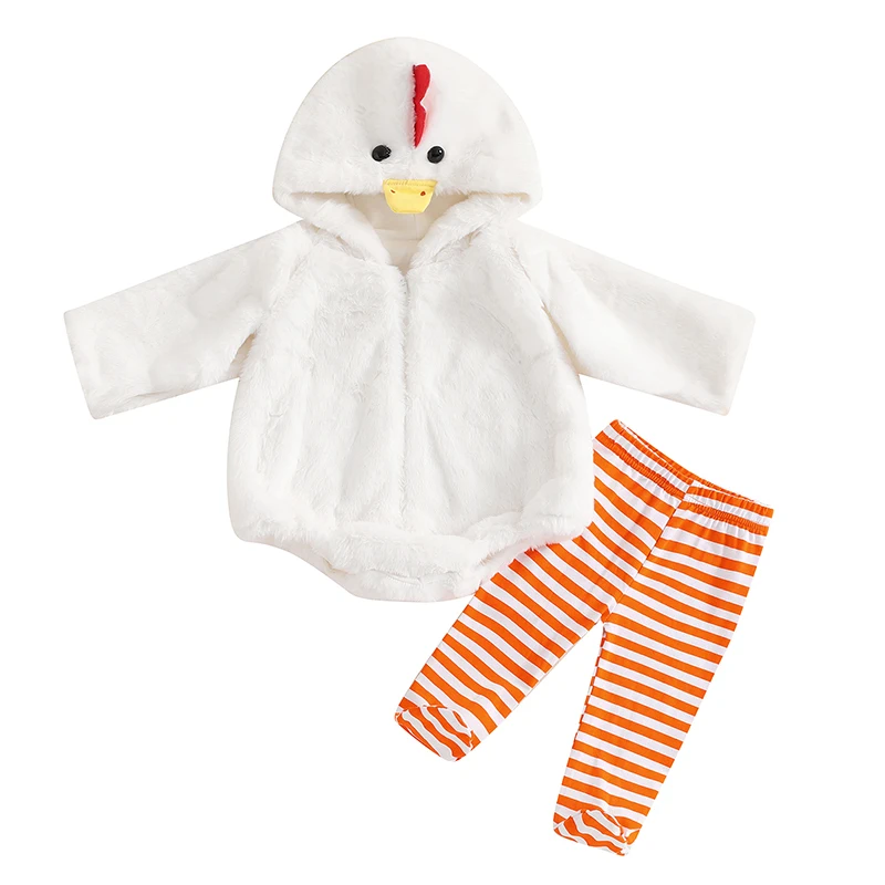 

Baby Boys Girls Fall Outfits Chick Shaped Plush Long Sleeve Hoodies Rompers Stripe Long Pants 2Pcs Clothes Set