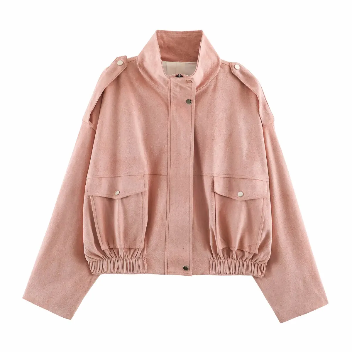 Women Fashion Chic Suede Casual Short Jackets Spring Fall Female Stand Long Sleeved Jacket With Pockets Lady Street Pilot Jacket