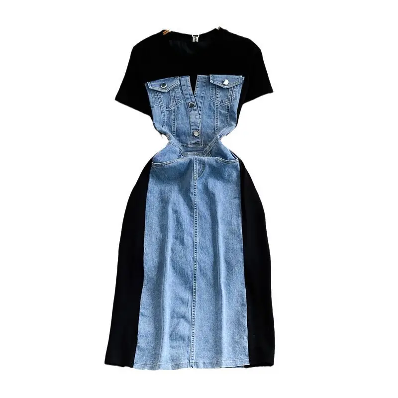 Korean Style Socialite Elegant Short Sleeve Round Neck Slimming Denim Patchwork A- line Casual T-shirt Dress