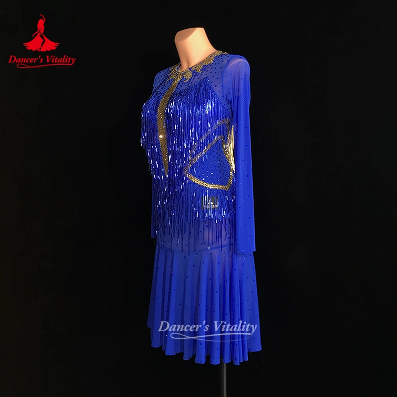 Teenagers Chacha Samba Jive AB Stone Long Sleeves Sexy Dresses Dancer's Vitality Adult Latin Dance Perform Clothing Customized