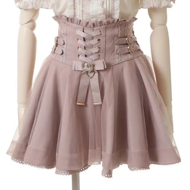 Japanese Sweet Lolita High Waist Ribbon Bow Skirt Lace Trim Heart Buckle Corset Mini Skirt Sweet Lolita Tulle Short Skirt Outfit