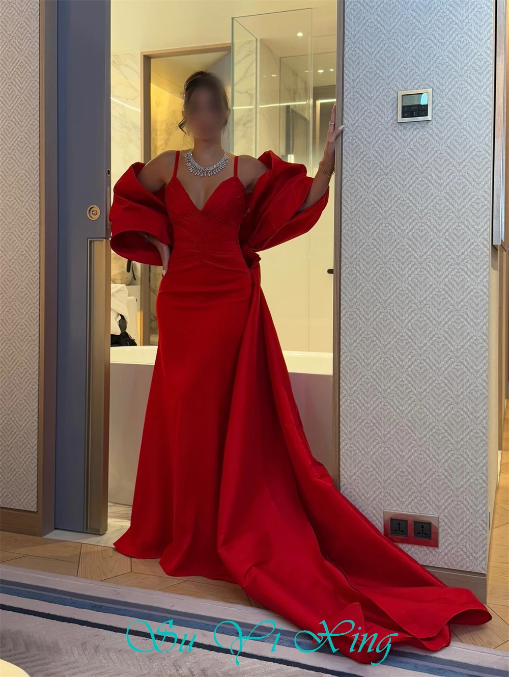 تخصيص بسيط الأحمر جيرسي مساء اللباس الرسمي الحبيب أكمام فساتين المشاهير مثير حورية البحر قطار المحكمة فستان كوكتيل #6