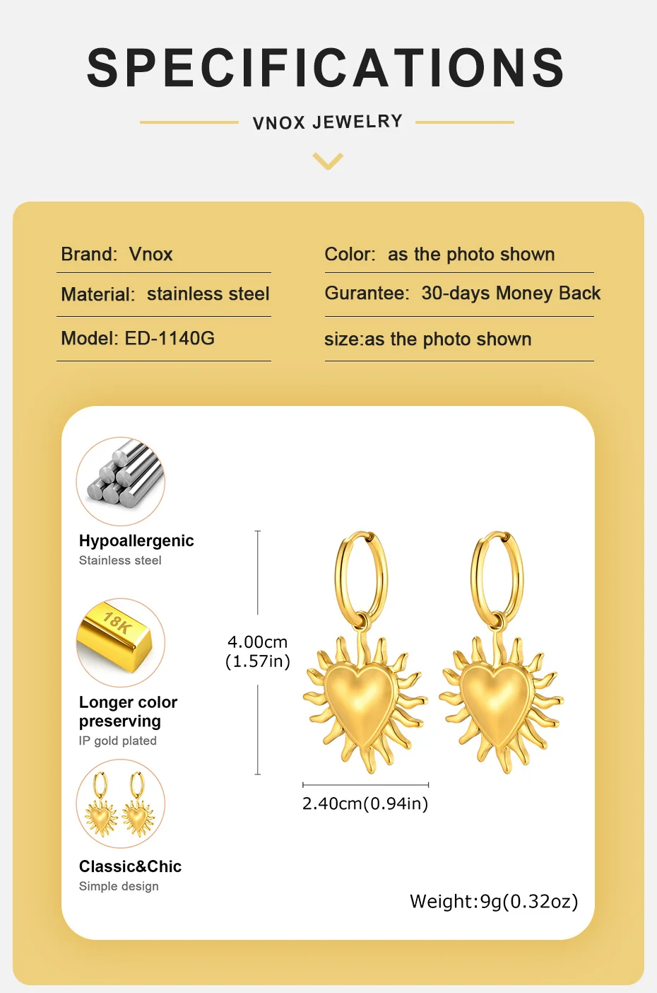 Vnox Neue Trendige Vergoldete Herz-Ohrringe für Frauen Edelstahl Punk Geometrische Spitzige Ohrhänger Party Alltäglicher Schmuck – Detail 4