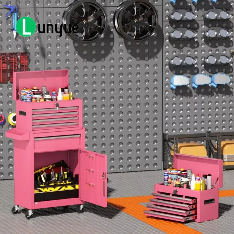 5 Drawer Modern Tool Chest Wheels Storage Lock&Key Enhanced Packaging (11.8x20.3x40.4 Inches) Garage Workshop (Pink)