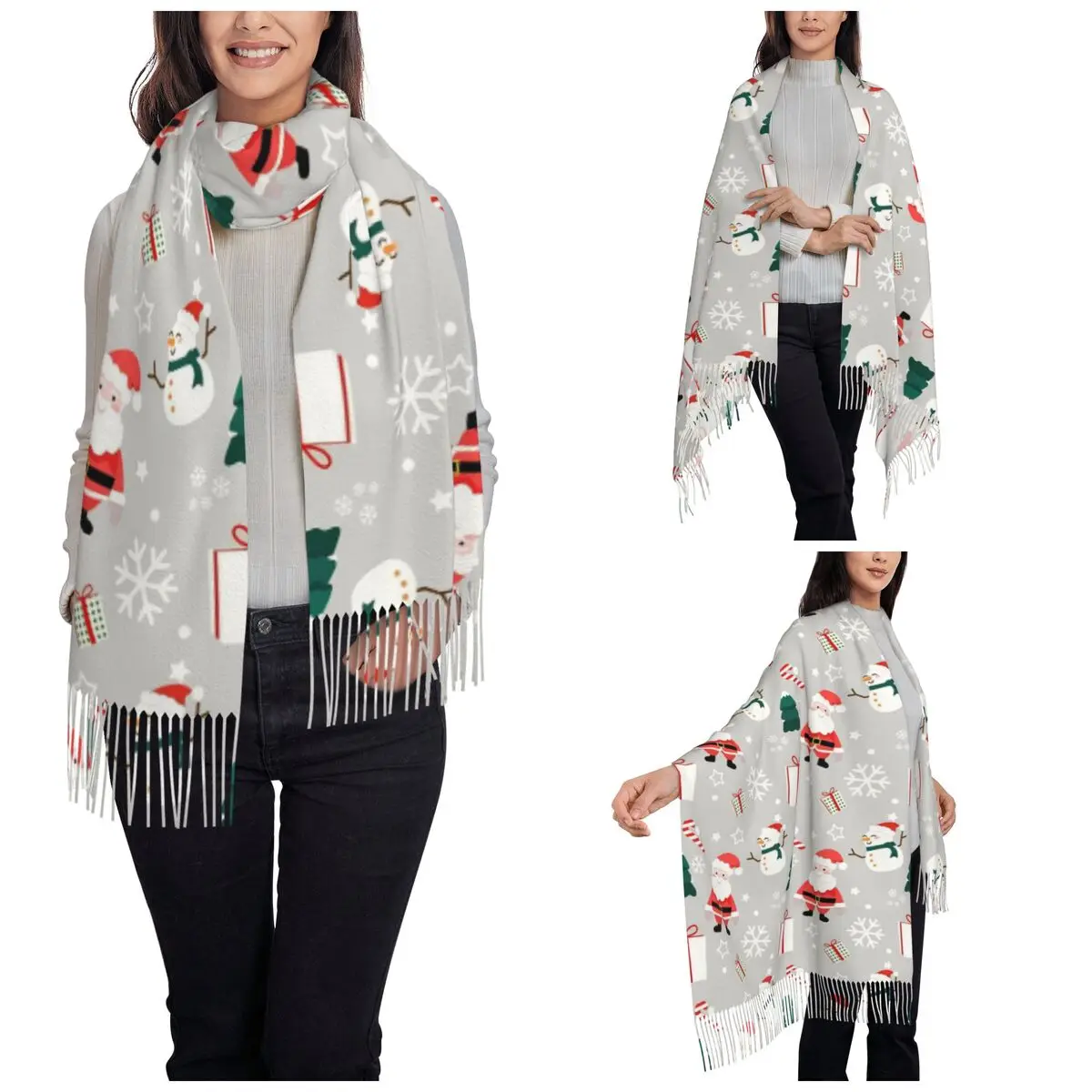 Women's Tassel Scarf Nodic Christmas Santa Claus Single-sided Pattern Soft Warm Shawl and Wrap Snowflakes Snowman Cashmere Scarf
