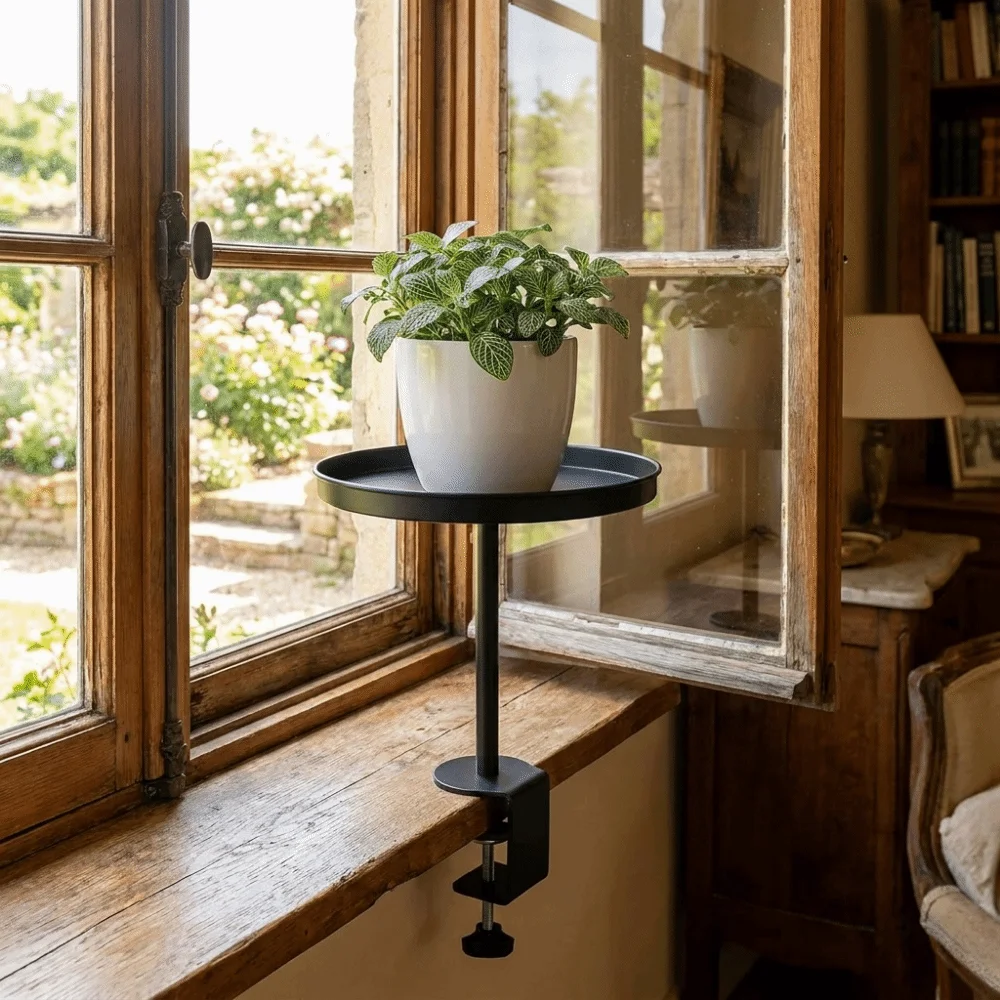 Iron Adjustable Window Sill Shelf Round Black Floating Planter Stand Space Saver Hanging Railing Bird Feeder Storage Tray