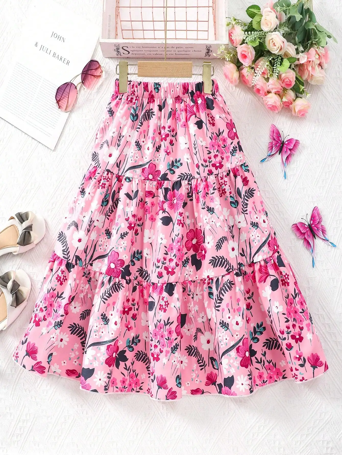 

Pink Floral Tiered Skirt for Girls - Summer Casual Vacation Style