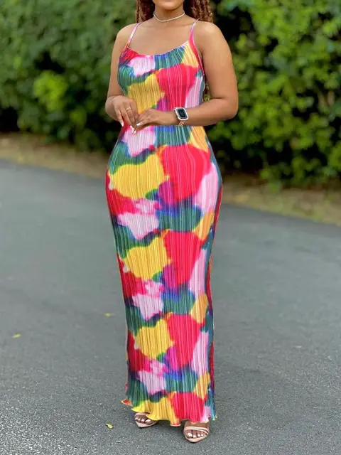 Damska plisowana sukienka z nadrukiem Tie Dye, letnia obcisła sukienka z paskiem spaghetti, Vestidos Casual odchudzanie, odzież damska