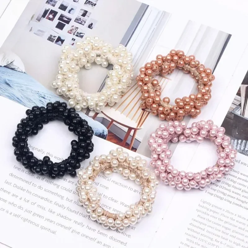 Pearl Rhinester Hair Rope Round Ball Head Ring Wrinkled Intestine Ring Women Ponytail Rubber Band Fashion Scrunchies