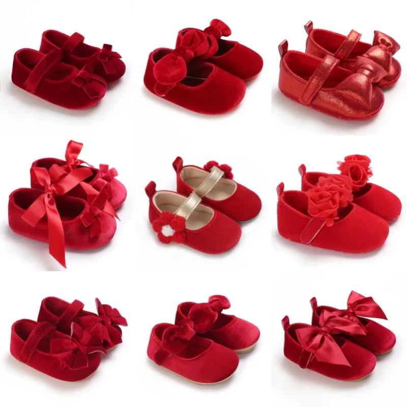 

Spring and Autumn Red Velvet Princess Shoes Baby One Year Gift Shoes 0-12 Month Girl Soft Sole Lightweight Walking Shoes