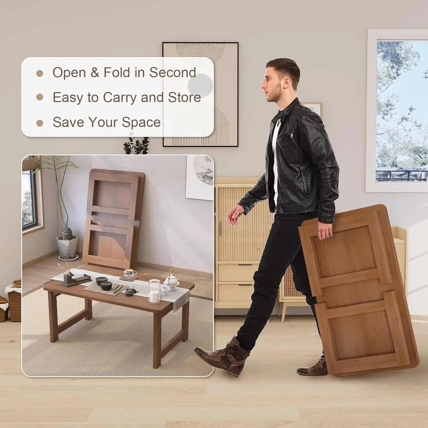 31.5" Japanese Style Dark Brown Folding Coffee Table - No Assembly Rectangular Low Table