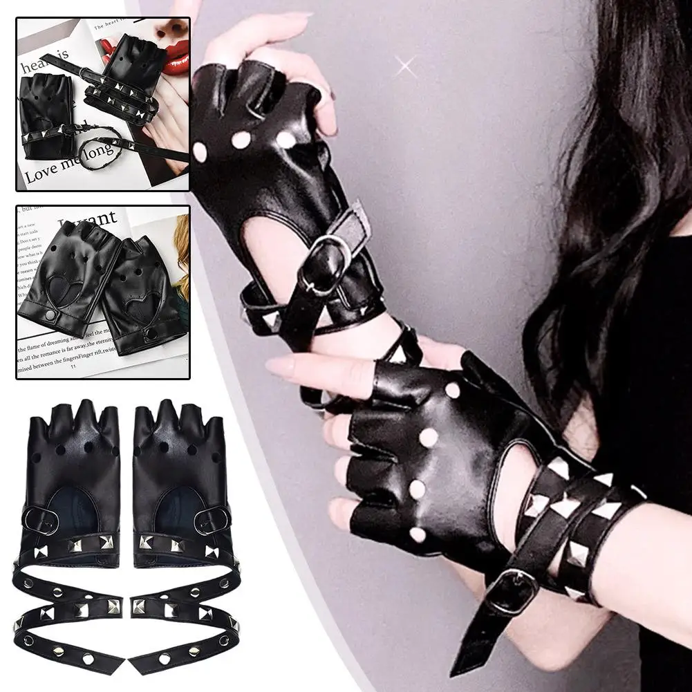 Women Fashion Pu Leather Black Half Finger Gloves Cool Fingerless Gloves Boy Gloves Hollow Dance J8b4