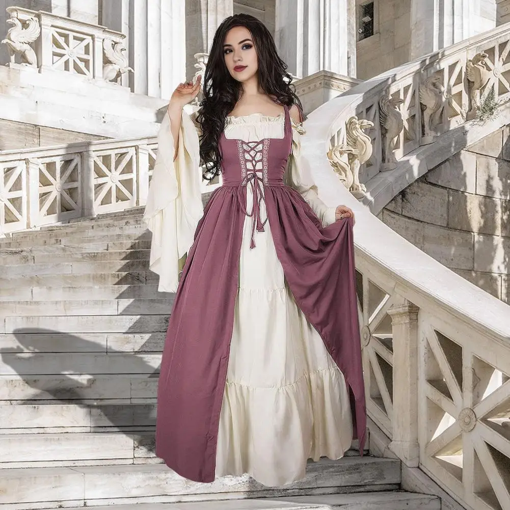 Women Vintage Dress Vintage Renaissance Court Loyal Halloween Costume Maxi Dress with Shirring Edge Square Neck Flowy Sleeves