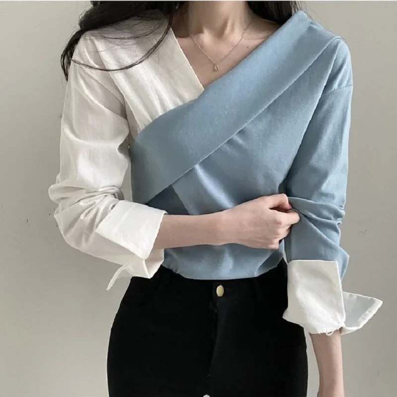 Autumn Women Shirts Long Sleeve Vintage Contrast Patchwork Shirts Women Fashion Streetwear V Neck Ladies Tops Clothing Female