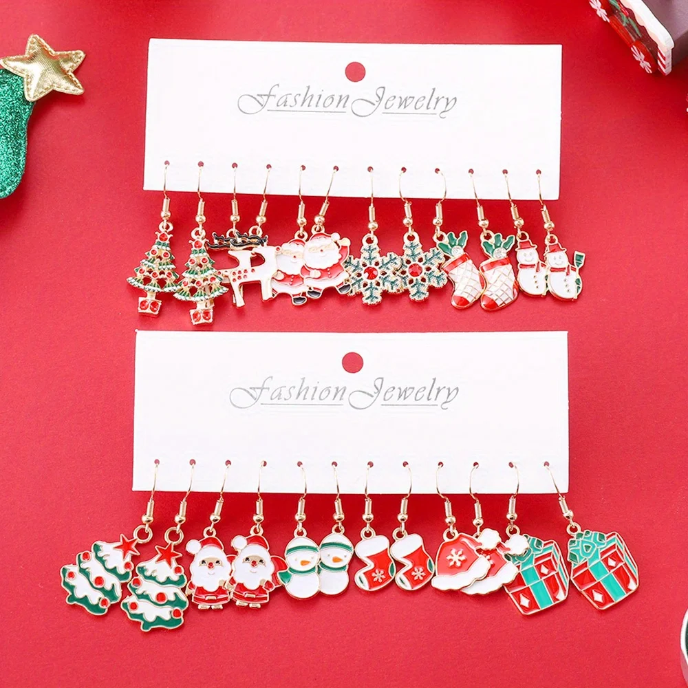 6 أزواج من الأقراط المتدلية لعيد الميلاد الكرتونية مجموعة سانتا كلوز شجرة عيد الميلاد ثلج الرنة أحذية الثلوج قلادة الملحقات