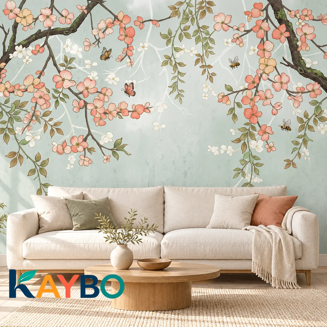 Floral Wallpaper Mural Pink Blossoms and Butterflies Non Self Adhesive Sage Green Wall Decor for Bedroom Living Room Accent Wall