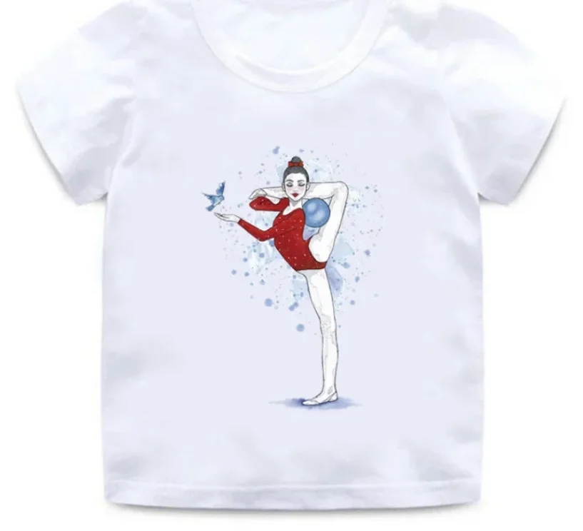 Cute Wholesale Children Gymnastics Dancer Print New T-Shirt Dance Girls Clothes Baby Tshirt  Summer Casual Short Sleeve  Tops