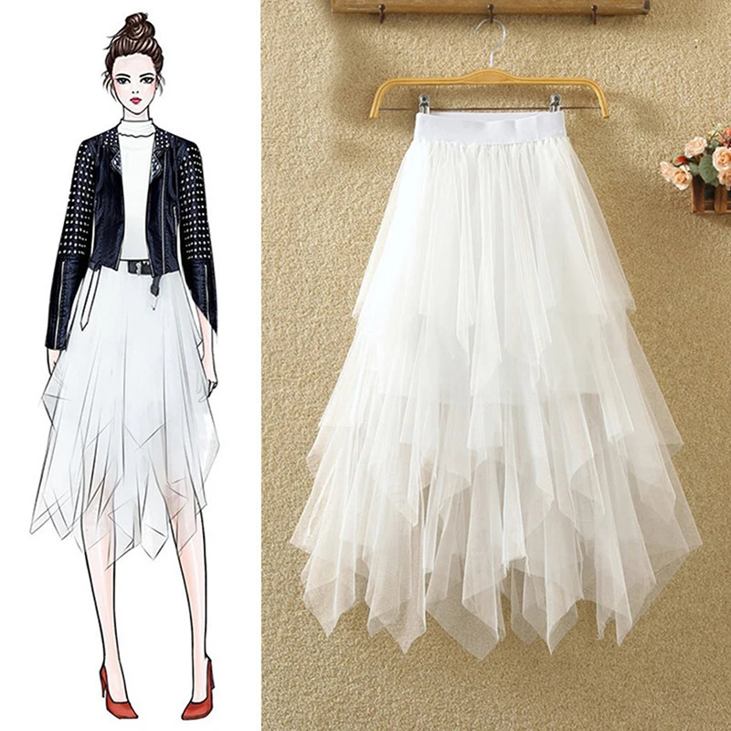 Women Irregular Tulle Skirts Fashion Elastic High Waist Mesh Tutu Skirt Pleated Long Skirts Midi Skirt Saias Faldas Jupe Femmle