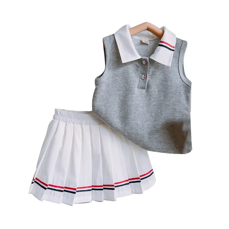 Girls Suits Summer Sleeveless Polo Shirt+Pleated Skirt Preppy Style Children Striped Clothes Two Piece Set Kids Casual Clothing