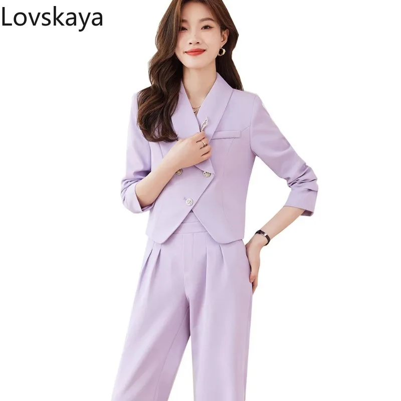 

Fashion Women Pant Suit Purple Green Black Short Blazer and Trouser Formal 2 Piece Set Spring Autumn